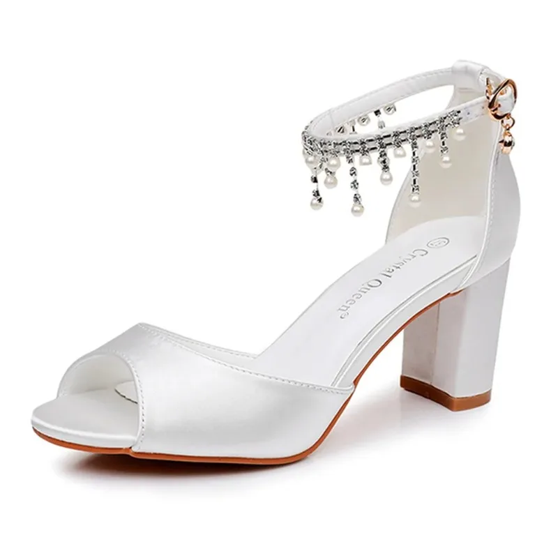 Women Pumps Sandals Ankle Comfortable Open Toe String Bead Tassels Wedding Silk 7.5CM Square Heels Peep Toe Woman Shoe