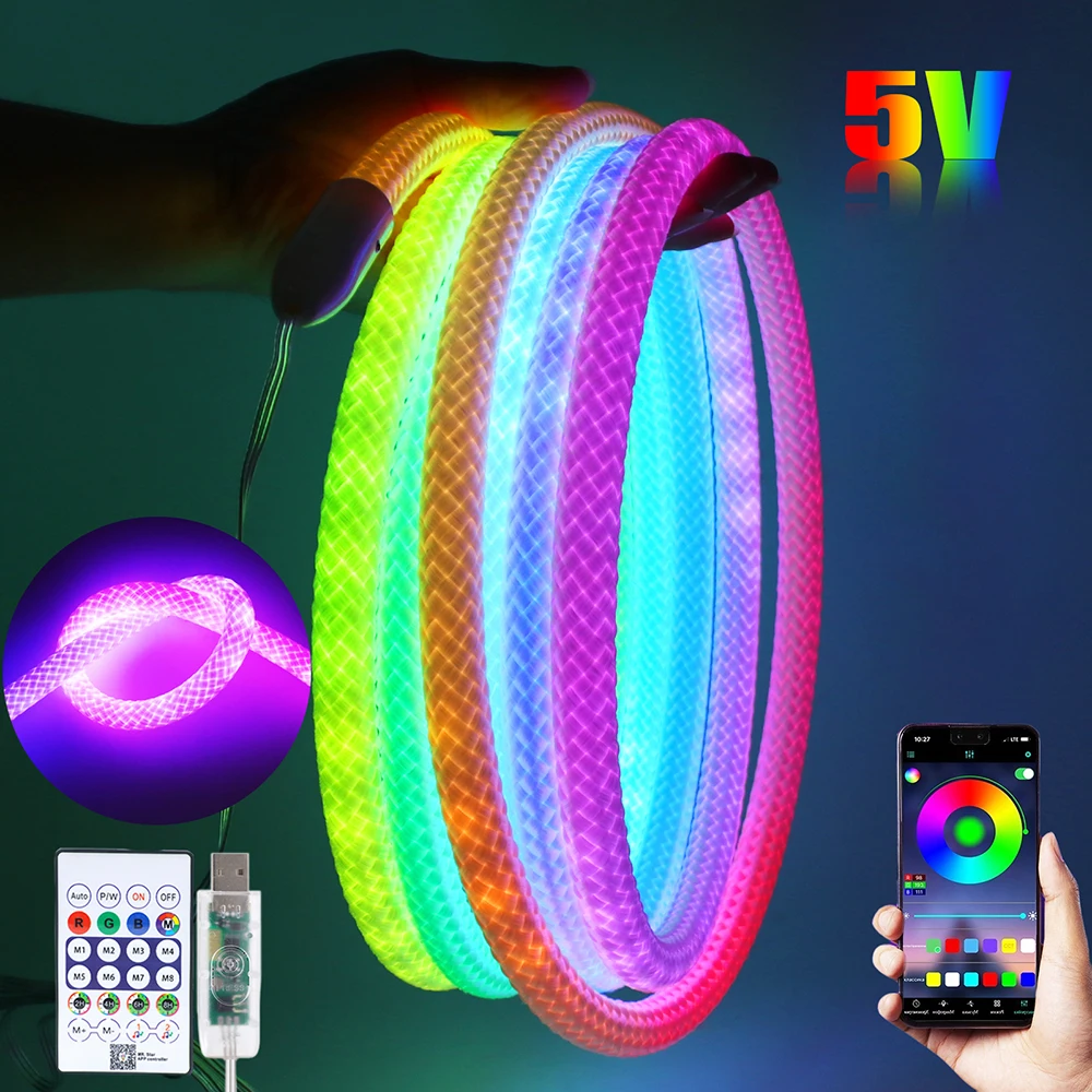 360 Round 5V USB Bluetooth Led Strip WS2812B Rainbow RGB LED Neon Nylon Rope Light Flexible 24Key Remote Control Kit Waterproof