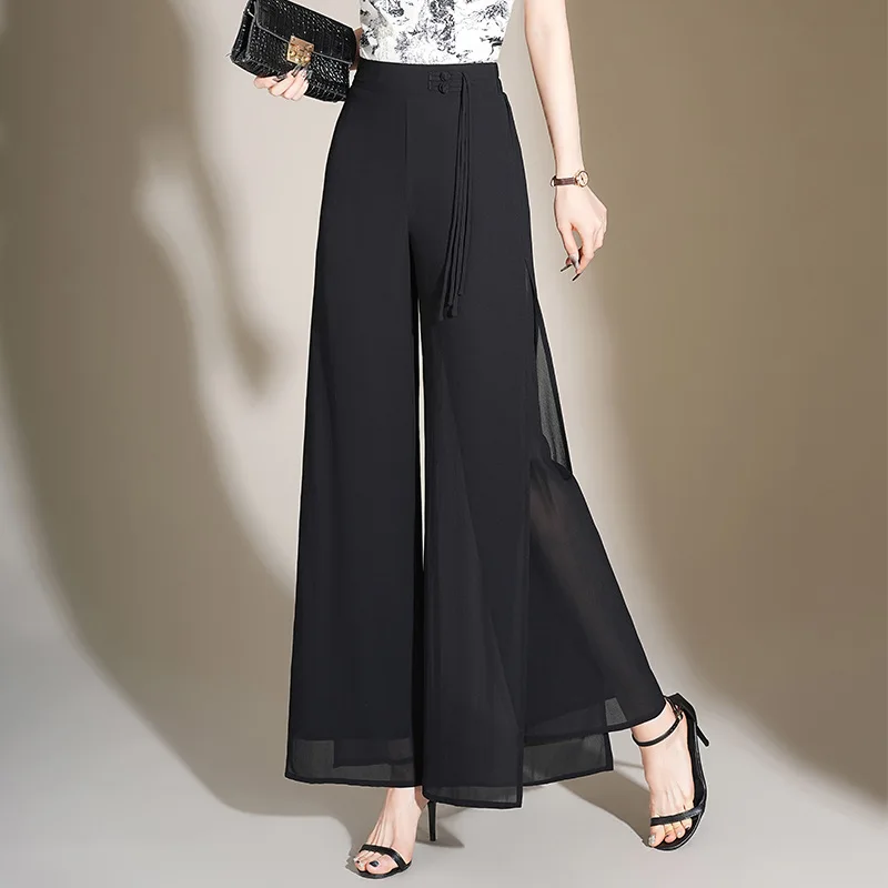 2026 Elegant Chiffon Split Wide-leg Pants Women's Summer Double-deck Straight Trousers Elastic-waist Casual Pants Comfy Female