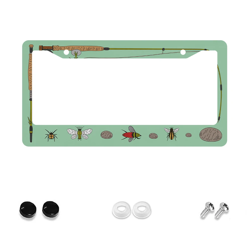 

1pc Green Fishing Rod and Insects Pattern 2 Hole License Plate Frame, Aluminum Material, 6x12 Inches, with Screw Set, Retro Nov