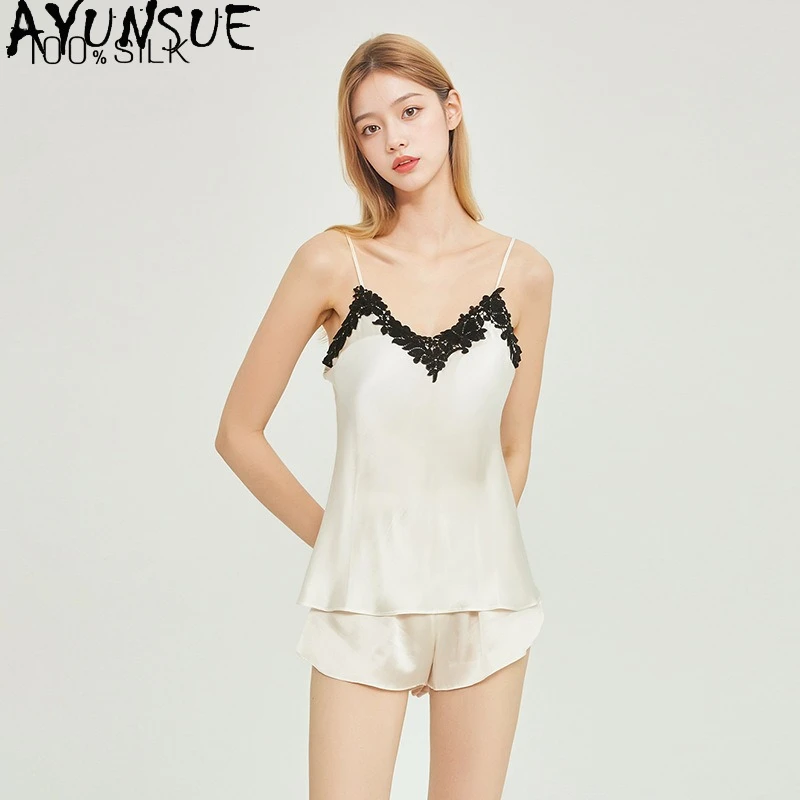 AYUNSUE 100% Mulberry Silk Tops for Woman 16MM Silk Tanks Top 2026 Hot Selling Summer Sleepwear Bathrobes Pajama Pijama Feminino
