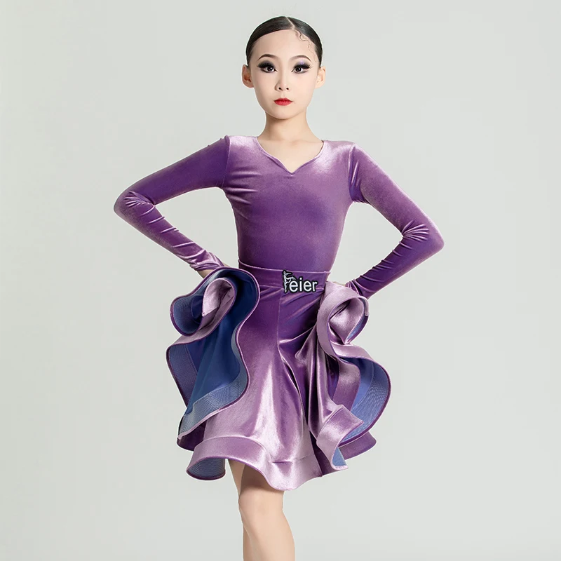 

New girls' Latin dance stage competition dress long-sleeved professional new standard international dance dress for children