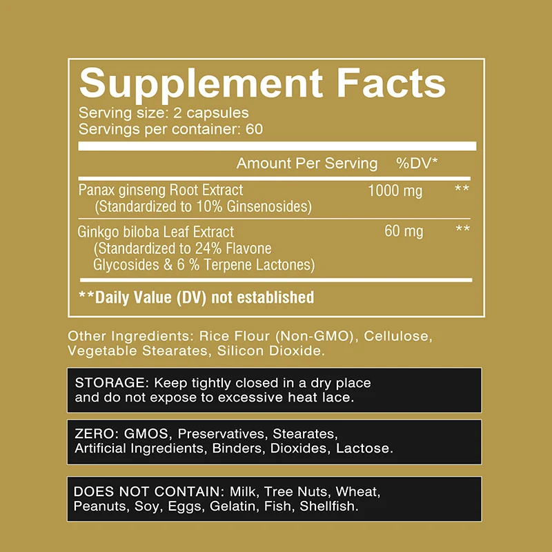 Cápsulas de Panax Ginseng + Ginkgo Biloba: promueven el enfoque y el rendimiento de la resistencia energética