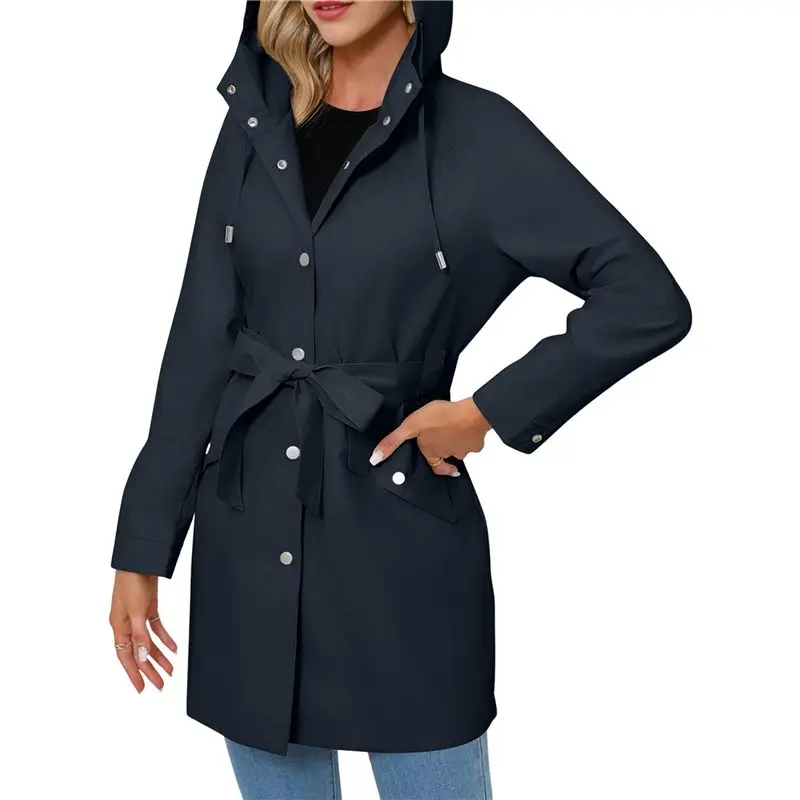 

A24F-Женская классическая ветровка с капюшоном, поясом и завязками, водонепроницаемая, для активного отдыха на природе