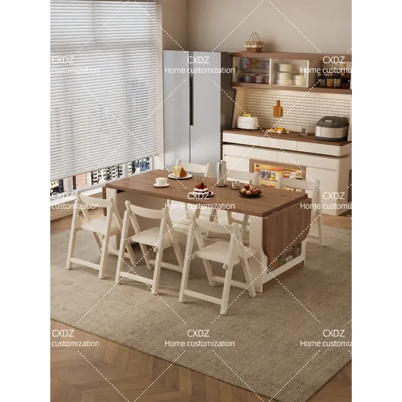 Solid Wood Movable Dining Table with Wheels Antique Island Integrated Folding Small Apartment Bar Tea Table