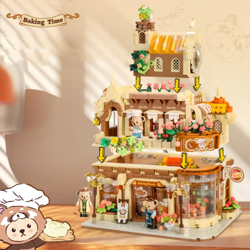 Creative City Street View Teddy Bakery Block Streetscape Building Bricks Cartoon Bear Figures Bake House Toy With Light For Gift