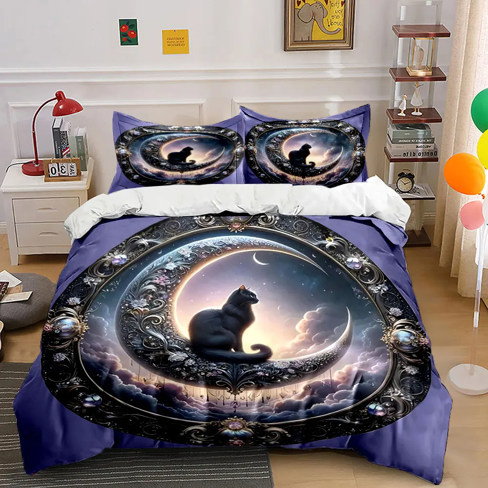 Mystic Moon Cat Decor Set Bedding Set with 1 Duvet Cover 2 Pillowcases Single Double King Queen, Gift