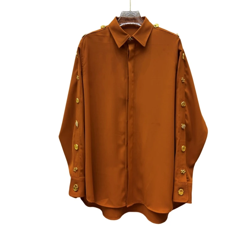 

Metal Epaulet Temperament Shirt Lapel Drop Shoulder Breasted High Street Beautiful Long Sleeve Lightweight Top AG529