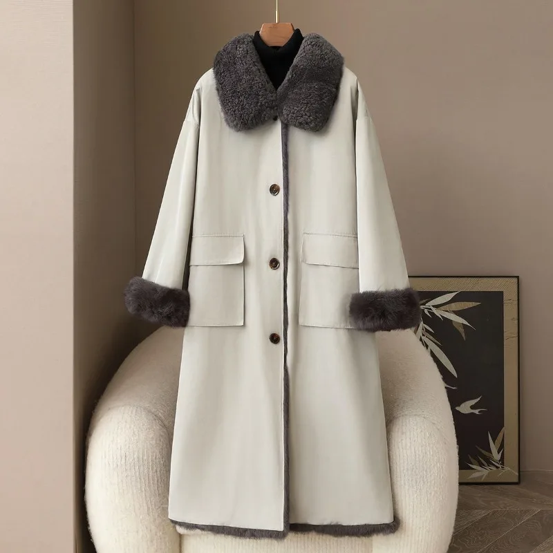 معطف فرو أرنب على الوجهين لعام 2025 معطف نسائي شتوي X-طويل سترات سميكة دافئة برقبة صوف معطف نسائي ملابس خارجية #5