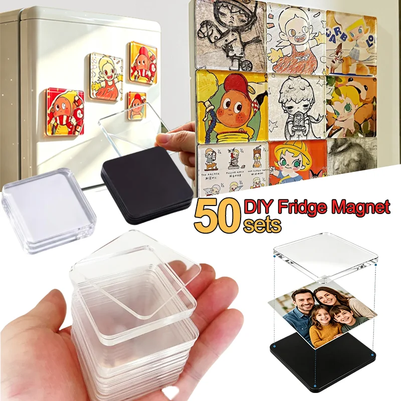 4~50Set DIY Acrylic Blank Fridge Magnets Kit Square Hand Making Mini Picture Frames Magnetic Fridgerator Stickers Decor Gift