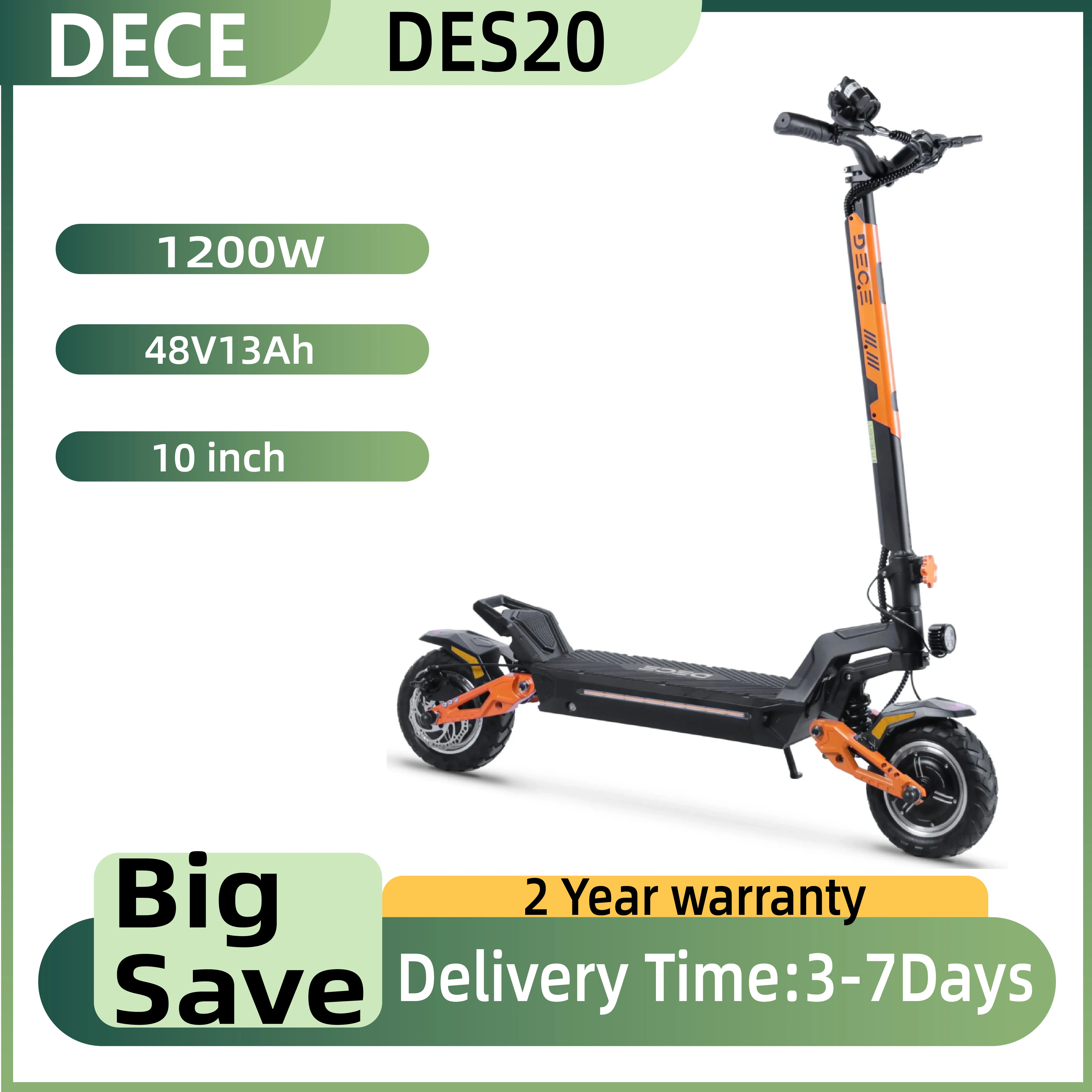 Patinete Eléctrico para Adultos DECE DES20, 1200W, Batería de 48V 13Ah, Patinete Eléctrico Urbano, Neumático Neumático Todoterreno de 10 Pulgadas