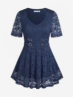 ROSEGAL Plus Size & Curve Buckled Lace Blouse Top  Women Neck T-shirts Spring Summer Fashion New Tees