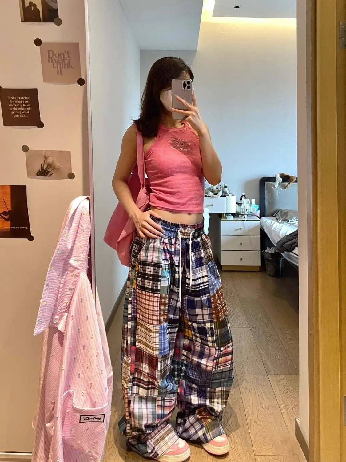 New design sense niche American retro color checkered wide-leg pants women's versatile checkered floor-length pants