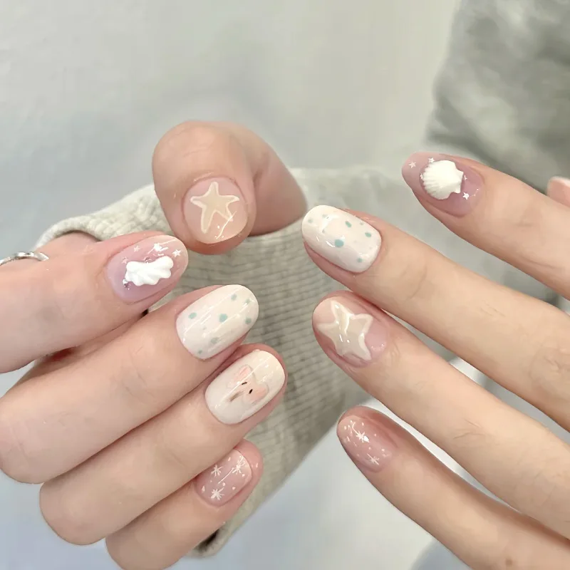 10Pcs Summer New Shell Design Nail Wearable Artificial Nails for Beach Party White Enhancing High-End Sensation Nail Tips