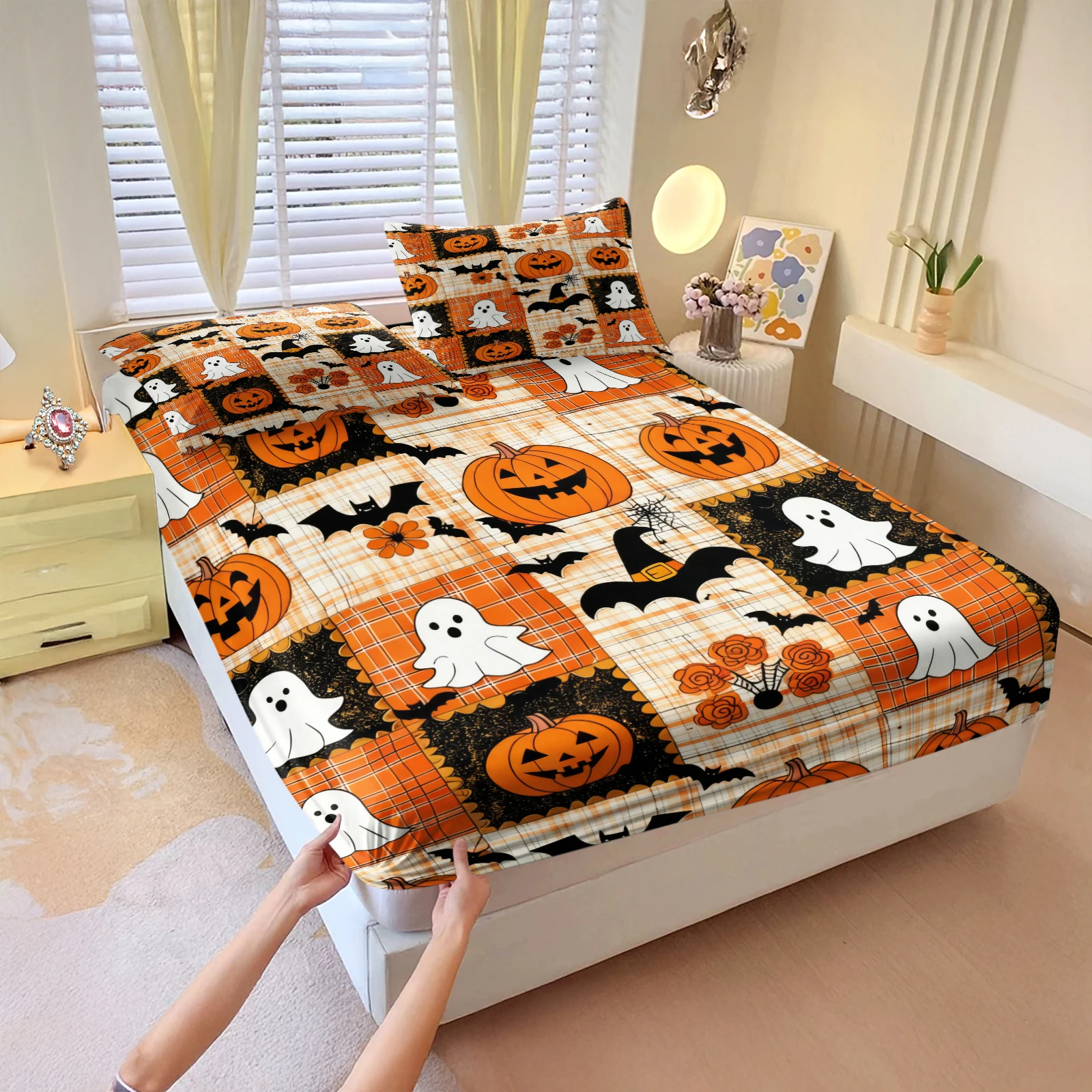 Halloween Ghost Pumpkin Fitted Sheet Set Plaid Patchwork Bat Pattern Bed Mattress Cover Soft Bedding Decor With Pillow Covers