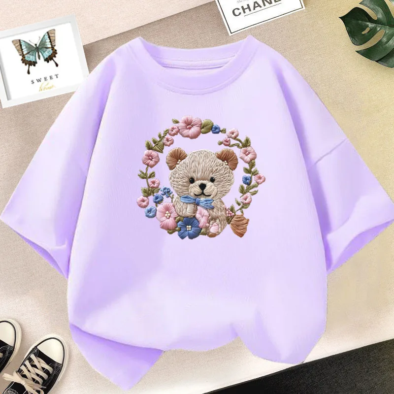 2024 Summer New Arrival Children Flower Print Baby Top Basic Shirt Cute Bear Girls Short-Sleeve T-Shirt