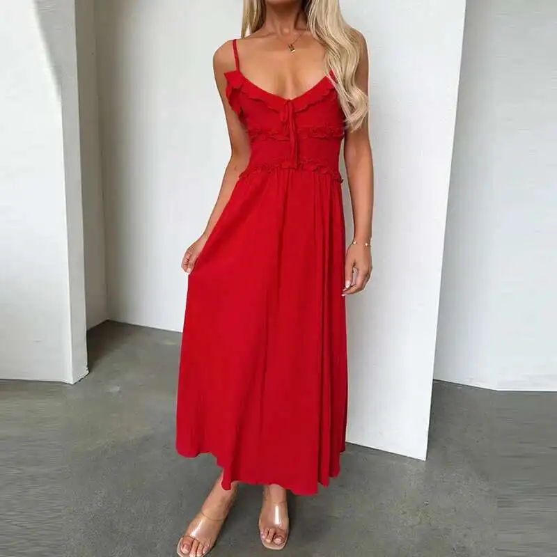 Sexy Hollow Out Sleeveless Pleated Beach Simple Solid Color Women's Holiday Dress New V Neck Ruffle Suspender Long Dresses