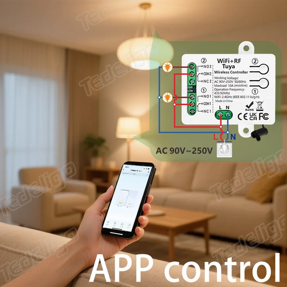 

Tuya Smart WiFi Switch 433MHz Wireless Light Switch AC220V 2CH Receiver Relay with 2/4Gang Remote Control for Light/Garage Motor