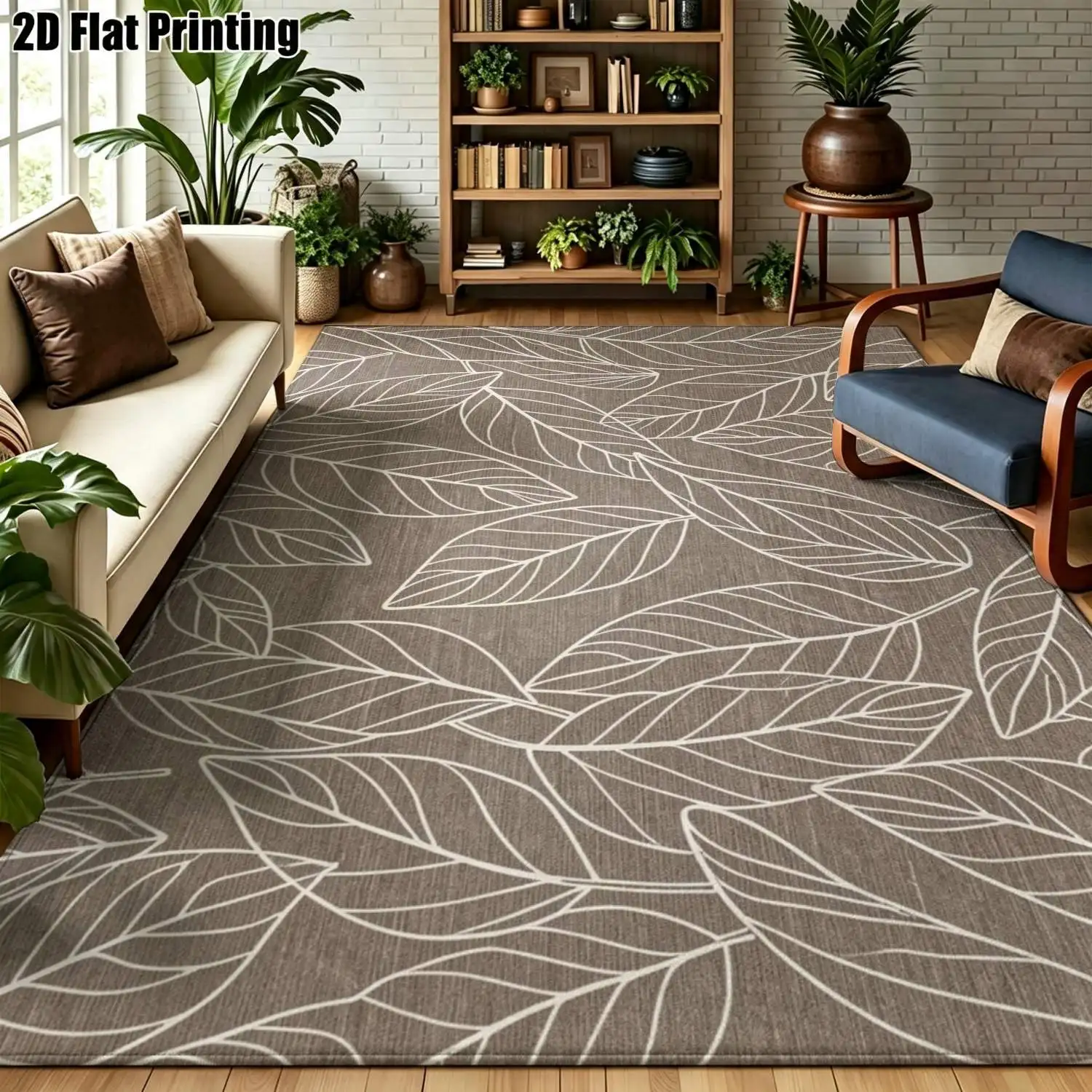 1Pc 2D Printed Carpet: Brown Base, White Line Leaf Pattern, Nordic & Minimalist, Home Decor, Multi-Size, Machine Washable, for Entrance, Dining, Foyer, Study, Living Room, Bedroom