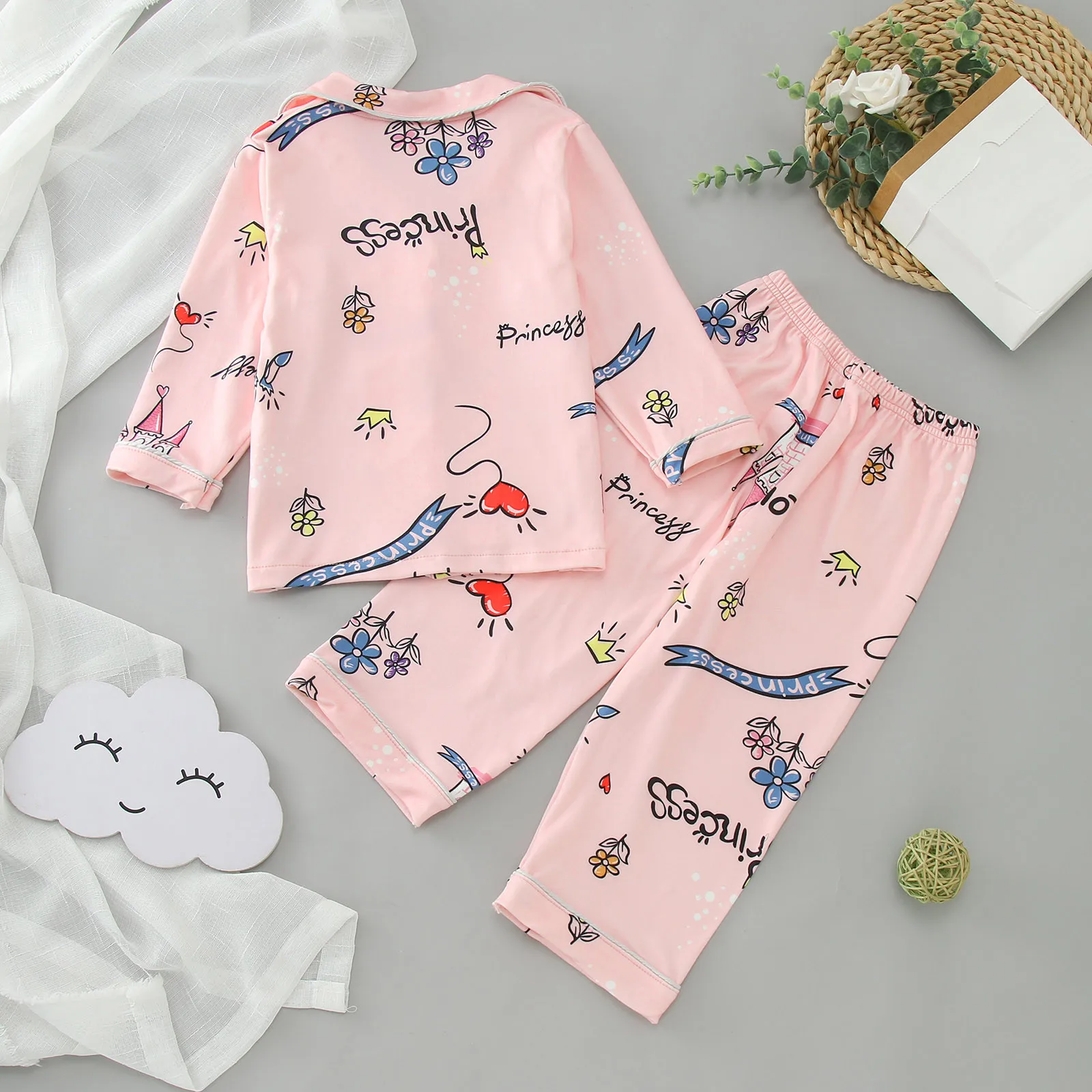 Set piyama lengan panjang motif kartun, set pakaian tidur anak perempuan motif Grafis celana panjang berkancing 2 potong