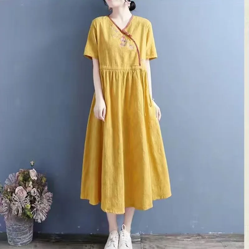 2025 여름 신상 코튼 린넨 버튼 자수 반팔 원피스 여성 중국풍 레트로 미디 원피스