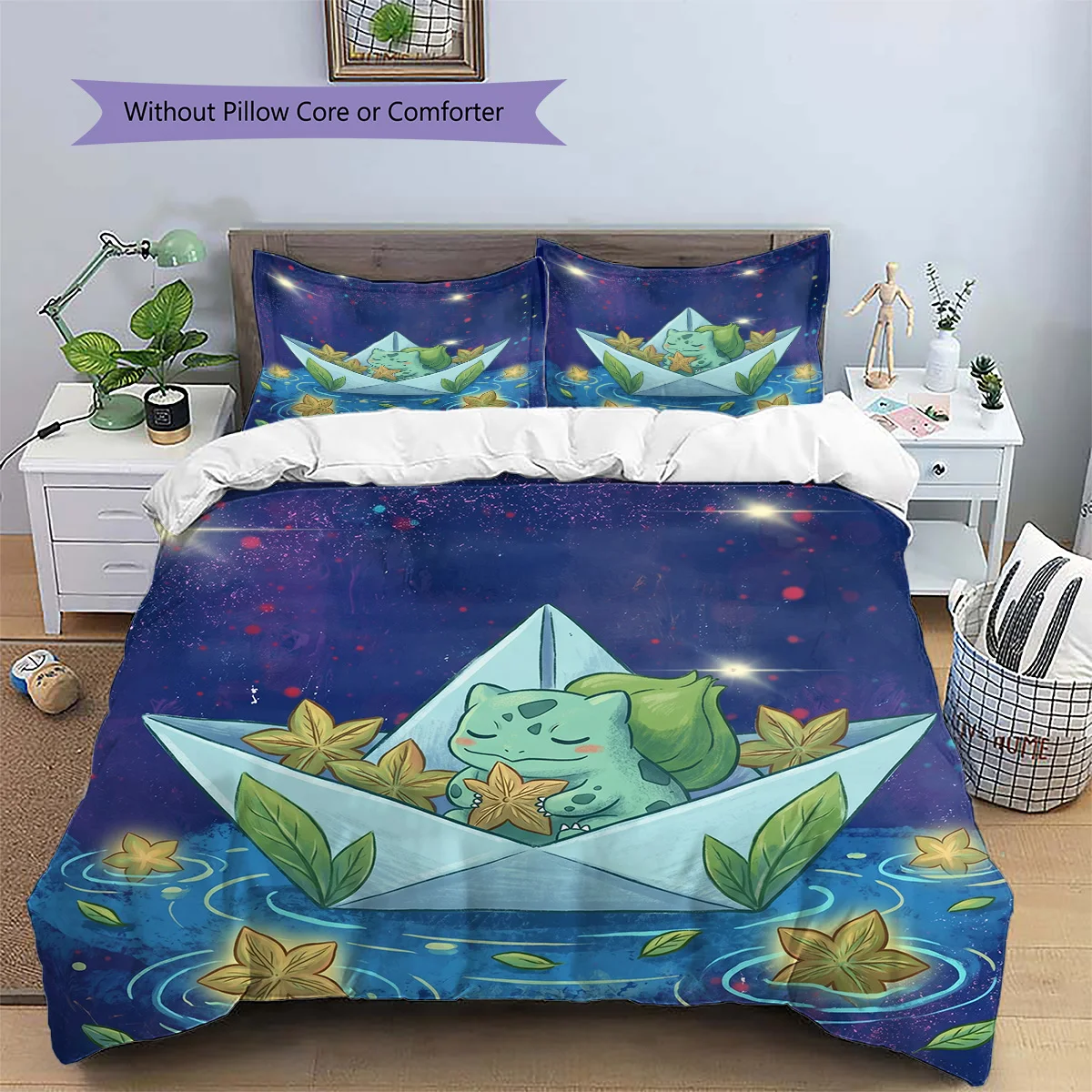 Bulbasaur Patterned Pillowcase & Duvet Cover Set Anime Motif Bedding Bedroom Decoration Wonderful Gift for Fans.-TING