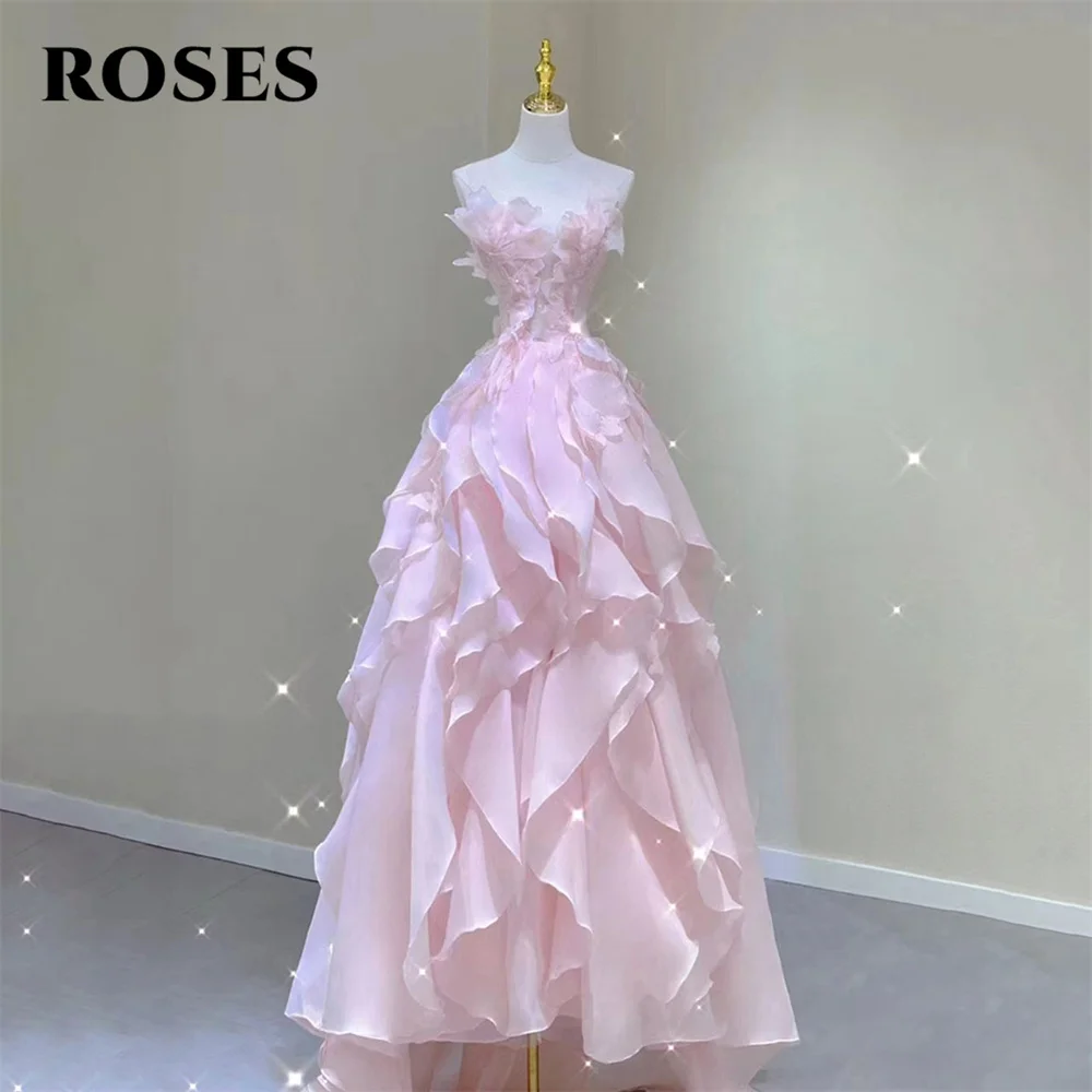 

ROSES Розовые длинные многоярусные многослойные вечерние платья А-силуэта без бретелек Ночные платья со складками Тюлевое платье знаменитости для женщин по индивидуальному заказу
