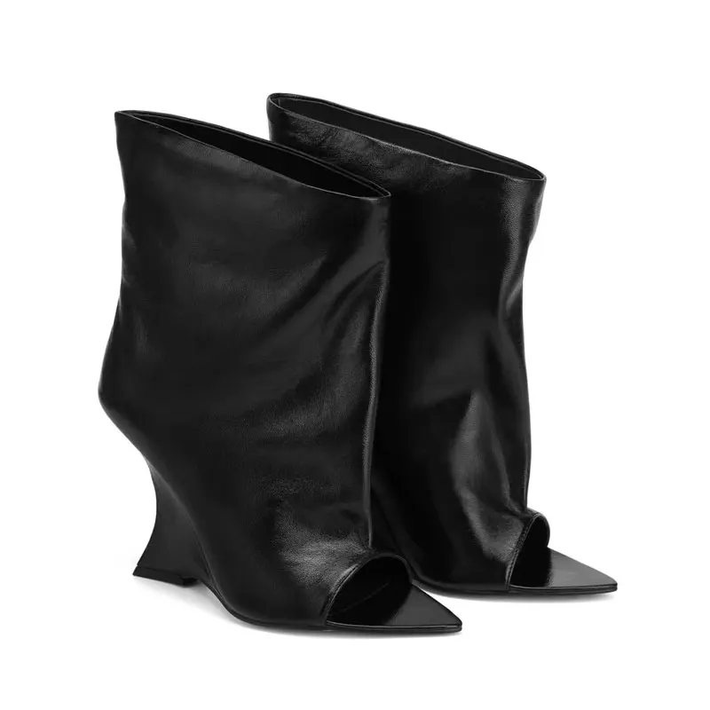 2026Women's Black Leather Ankle Boots with Peep Toe, Wedge Heel & Slouchy Design – Edgy Minimalist Style for Fall/Winter Fashion