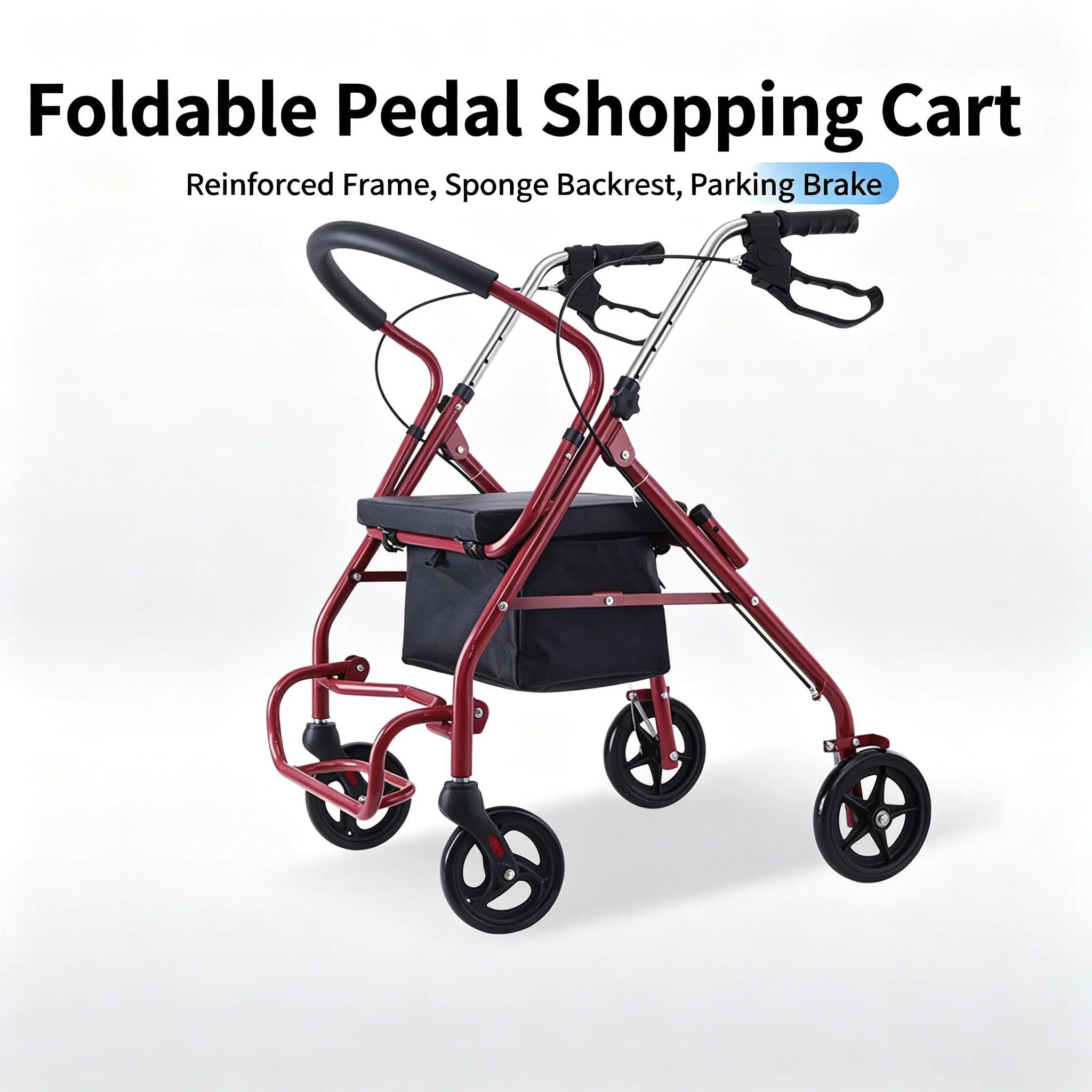 Foldable Shopping Cart for Seniors with Seat, Rollator Shopping Cart with Pedal Stable Anti-Tip Walker with Brake & Storage Bag