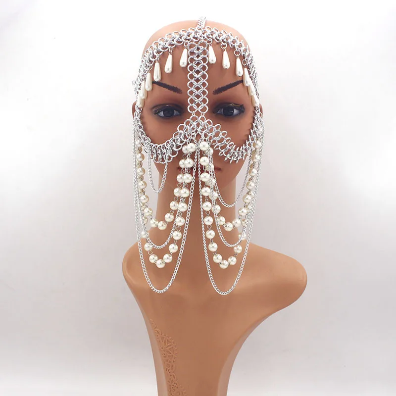 Ornament European and American Exaggerated Chain Women's Water Drop Pearl Handmade Tassel Headdress