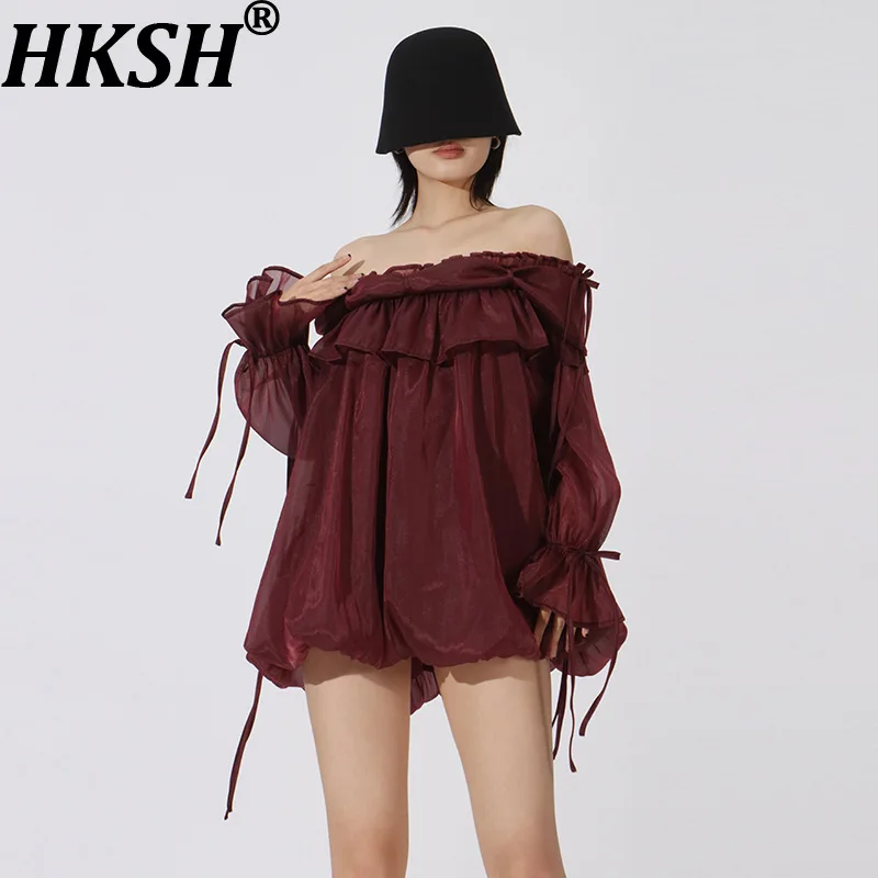 

HKSH Women Chic Shirt Off-shoulder Long Sleeves Pleated Ruffled Solid Color Versatile Elegant Urban Ins Trend Top Summer HK21791