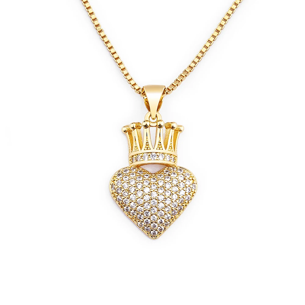 AIBEF New Luxury Copper Zircon Heart Crown Pendant Necklace for Women Collar Chain Necklace Choker Shiny Christmas Gifts