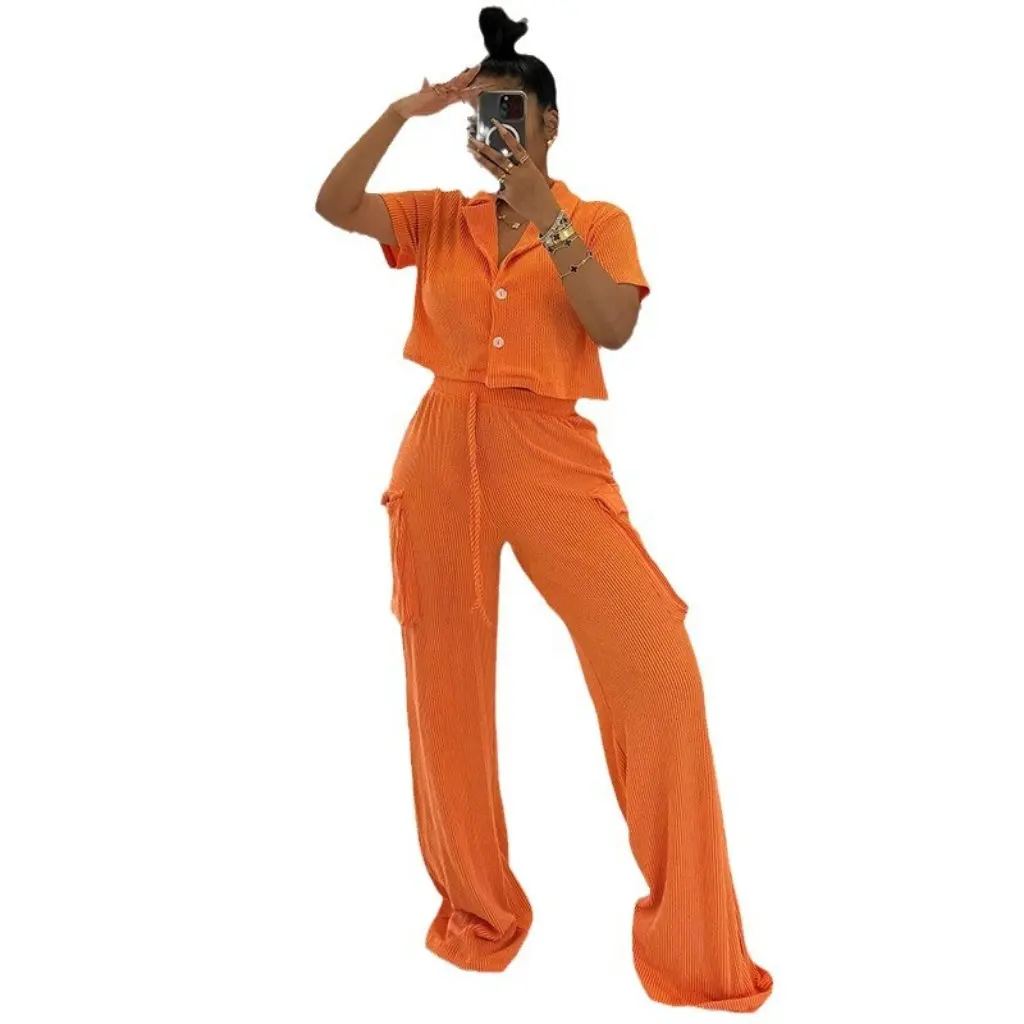 

Women's Summer Sweet Fresh Style Suit European American High Waist Patch Pocket Straight Leg Pants Two-Piece Set