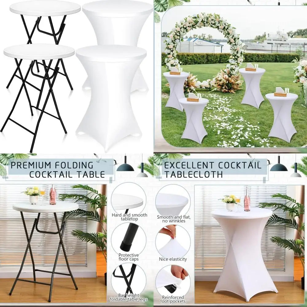 

White 32 Round High Top Folding Cocktail Table with Removable Legs and 32x43 Tablecloth