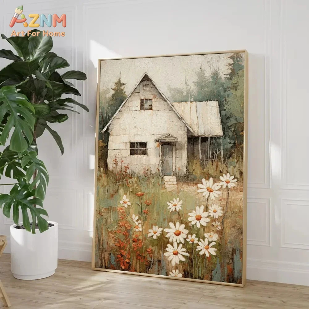 AZNM Vintage Rural Country House Canvas Wall Art Farmhouse Cottage Sunset Field Landscape Oil Painting Style Unframed Canvas Pri