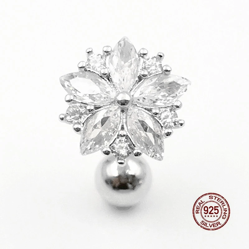 2023 New Inverted Zircon Flower Navel Piercing Ring 925 Sterling Silver Belly Button Ring Shiny Crystal Downward Belly Ring