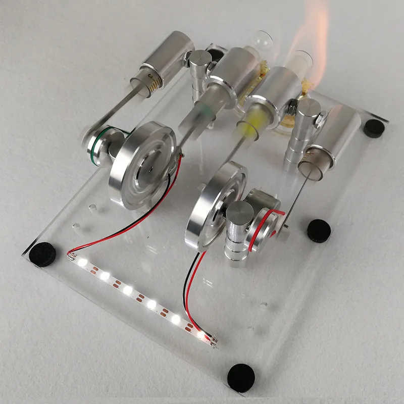 Modelo de motor Stirling, motor de doble cilindro de metal de alta potencia con generador LED, experimento científico