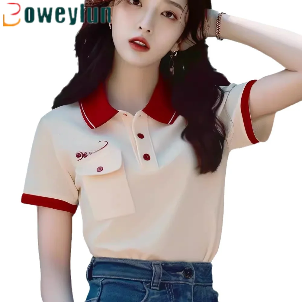 

Boweylun Summer Colour Blocking Short Sleeve Polo Shirt Girls Fashion Casual T-shirt Tops Women