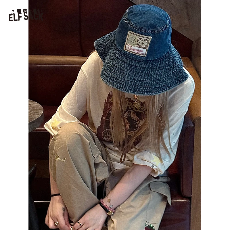 

ELFSACK 2025 Autumn New Arrival Casual Patch Distressed Denim Fisherman Hat For Woman
