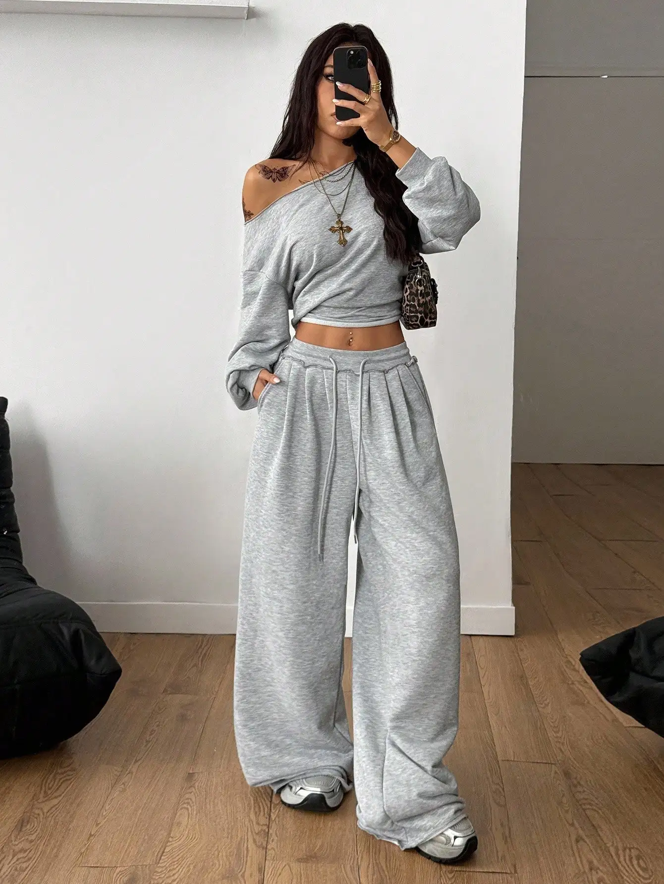 

Off Shoulder Long Sleeve Grey Sweatshirt And High Waisted Wide Leg Pants Two Piece Set