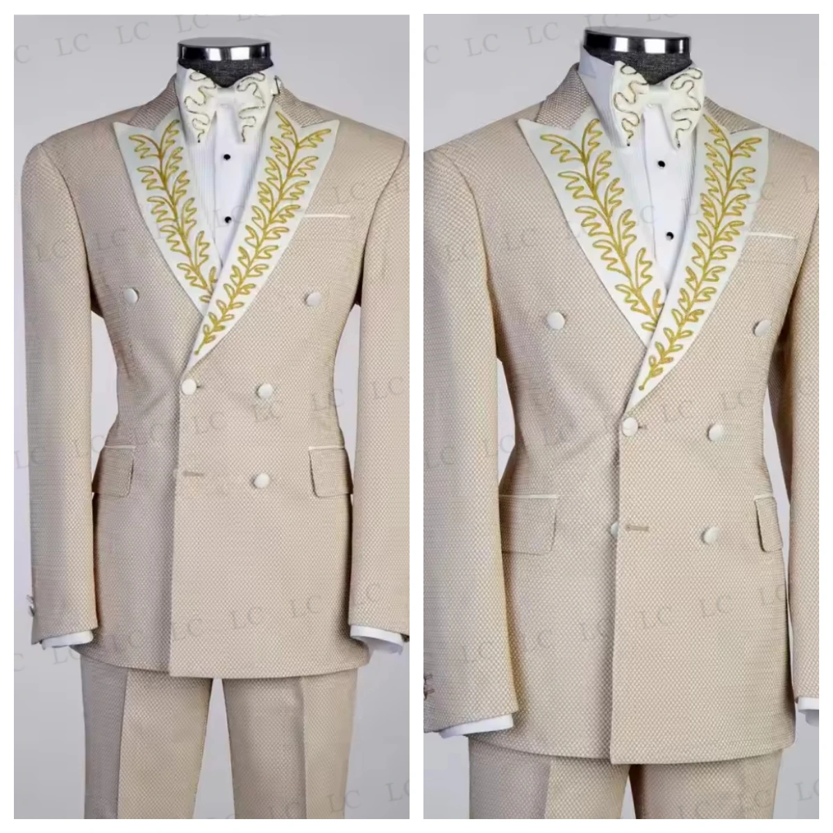 

Костюм мужской из 2 предметов: пиджак и брюки с бисерными аппликациями, золотым цветочным узором, на одной пуговице, приталенный, для выпускного, свадьбы, жениха, на заказ, большие размеры