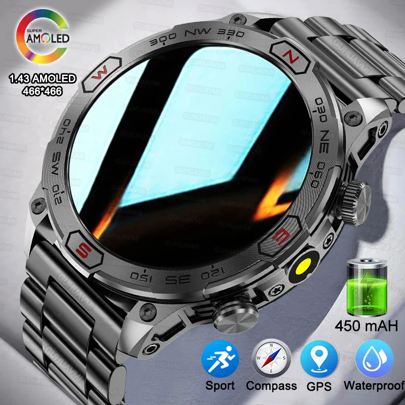 

2024New Smart Watch Full Touch AMOLED Screen 450MAH GPS Sport Fitness Compass Altitude Pressure BT5.0 Call LED Lights Smartwatch