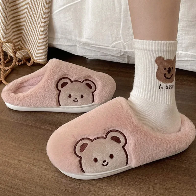 Chinelos domésticos de inverno com urso bonito para homens e mulheres, plataforma quente, antiderrapante, confortável, fofo, ao ar livre, casal Flip Flop