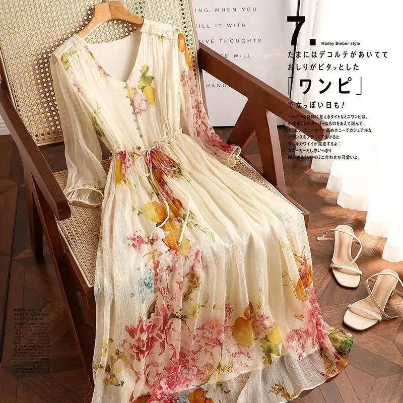 Robe amincissante à fleurs pour femmes, élégante, imprimée, col en v, jupe longue, robe de vacances, longueur aux genoux, nouvelle collection printemps été 2025