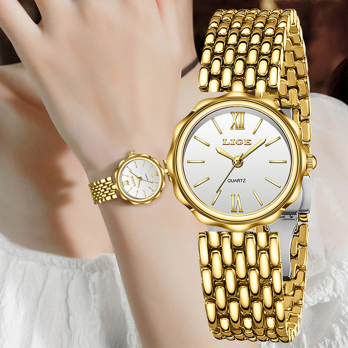 

LIGE Luxury Top Brand Women's Watches Elegant Fashion Gold Watch for Women Original Simple Quartz Waterproof Wristwatch Ladies