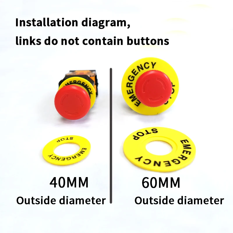 10Pcs 16mm/22mm/30mm Push Button Switch Box Warning Circle Emergency Stop Sign Yellow LAY37 LA38 XB2 LA16 XB5 Outer Dia 60mm