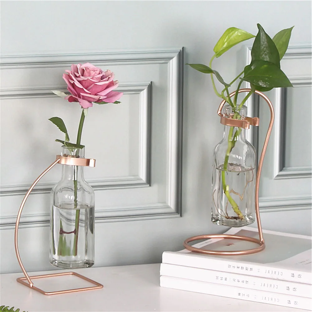 

Rose Gold 1062-5 Glass Vase Iron Structure Flower Arrangement Vase Water Planting Desktop Decoration Home Ornament