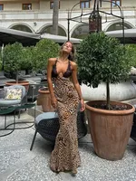 Women Halter Lace Patchwork Leopard Print Maxi Dresses Fashion Backless Sleeveless Long Dress 2025 Female Party Evening Vestidos