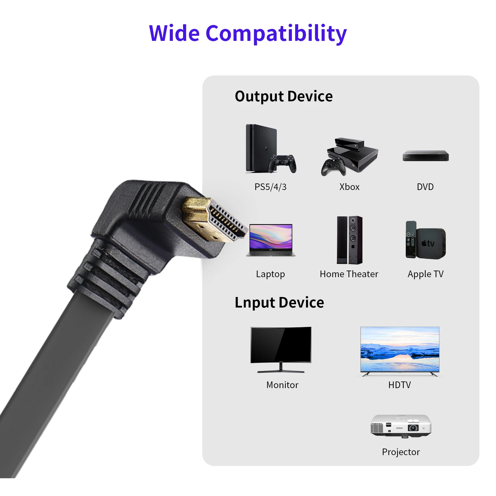 Angled HDMI cable 90-degree HDMI 2.0 cable short 30CM flat HDMI 2.0 cabl cord HDMI 2.0 4K 60Hz HDMI 2.0 A male to A male