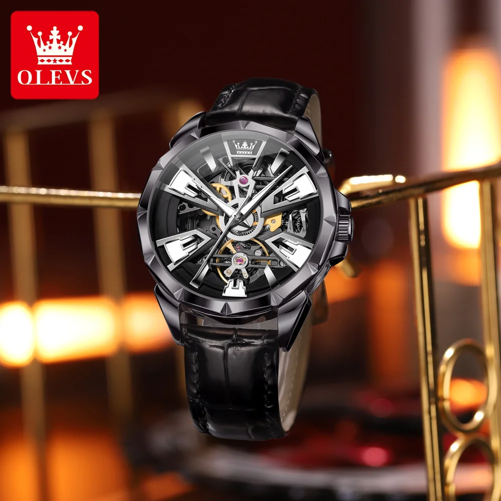 OLEVS 7051 Fashion Men's Watch Leather Strap 30M waterproof Hollow HD Luminous Automatic Mechanical Wristwatch for Men - Image 2